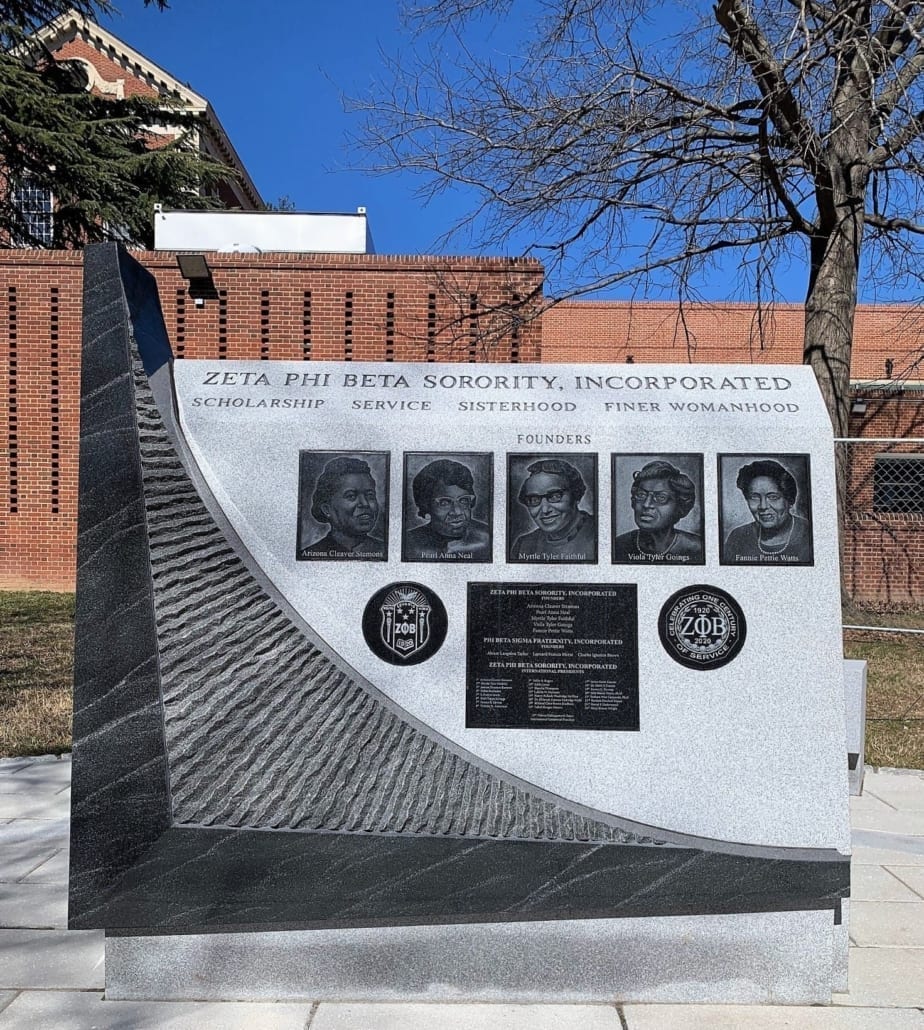 Zeta Phi Beta Sorority memorial in granite, with five etched portraits of the founders and inscribed panels